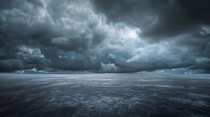 Fototapeta premium Dark Floor Background with Dramatic Sky and Scenic Clouds Panoramic Horizon Scene : Generative AI