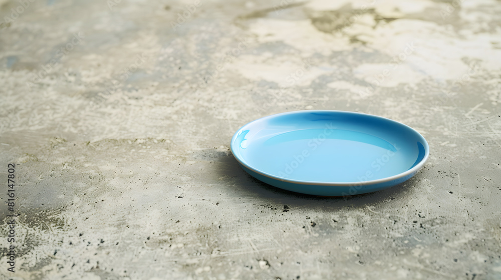 Poster Perspective view of empty blue plate on cement background Empty space for your design : Generative AI