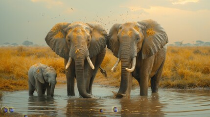 Nature documentary, elephants at a watering hole, African savanna, herd with playing calves, soft diffused daylight, birds in the sky created by ai