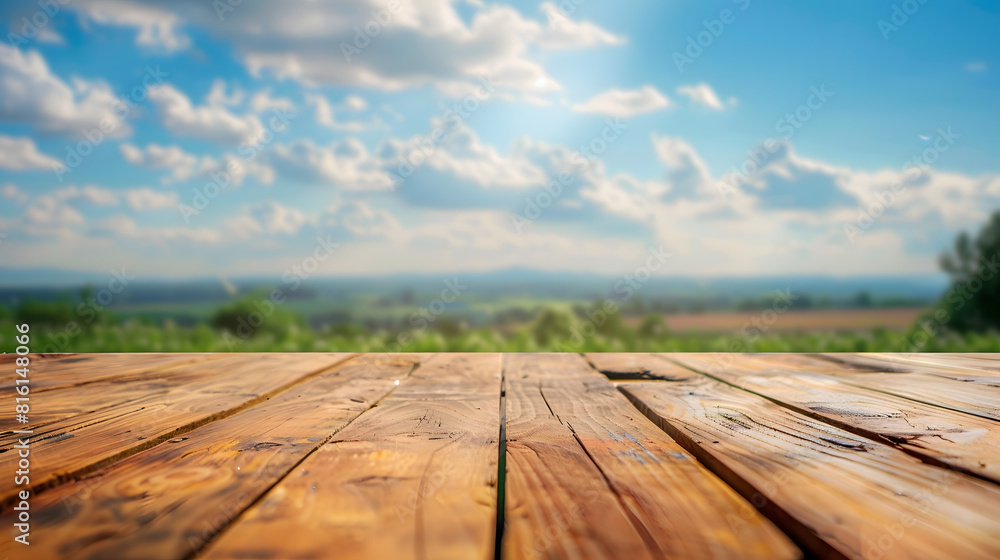 Poster The empty wooden brown table top with blur background of farmland and blue sky Exuberant image : Generative AI