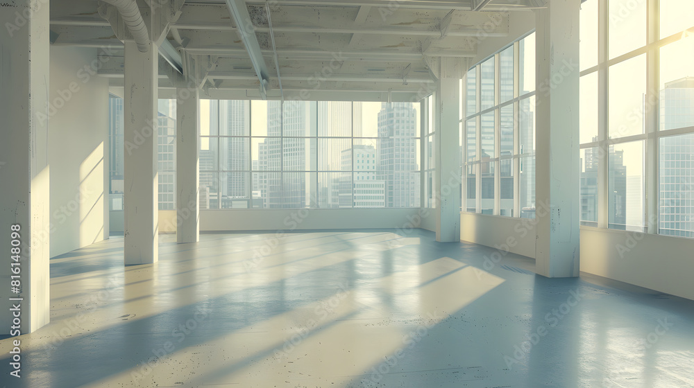 Poster empty loft room with white walls city view and concrete floor 3d render : generative ai