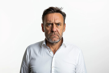 Obraz premium A serious man with a furrowed brow, detached from the surroundings, trimmed from the background, without background. Concept of concentration and focus. Generative Ai.