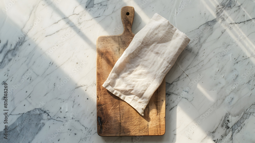 Poster wood cutting board with napkin on marble table top view : generative ai