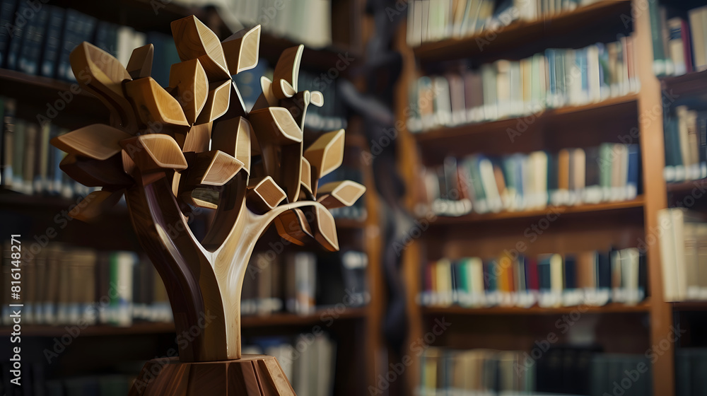 Fototapete wooden tree with books on blur background of library with bookshelf flawless : generative ai