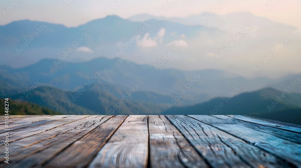 Aufkleber empty wooden table with blurred mountain view background free space can be used for montage or produ
