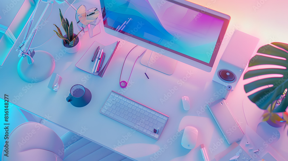 Leinwandbilder office desktop with computer and accessories top view : generative ai