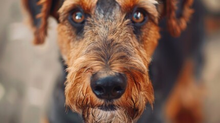 Image showcases details of a dog's brown coat coupled with a compelling, soulful gaze from its visible eye - Powered by Adobe