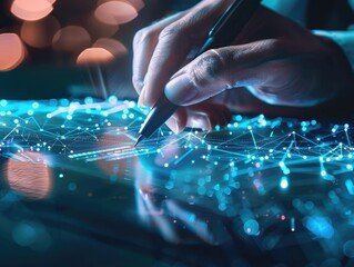 Naklejka premium businessman hand using stylus pen on digital screen with network connections, data analysis, and digital transformation concept.