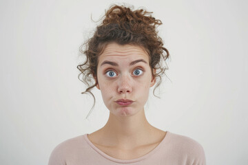 A woman with a puzzled expression and raised eyebrows, standing against a blank backdrop, removed from the background, with no background. Concept of confusion and curiosity. Generative Ai.