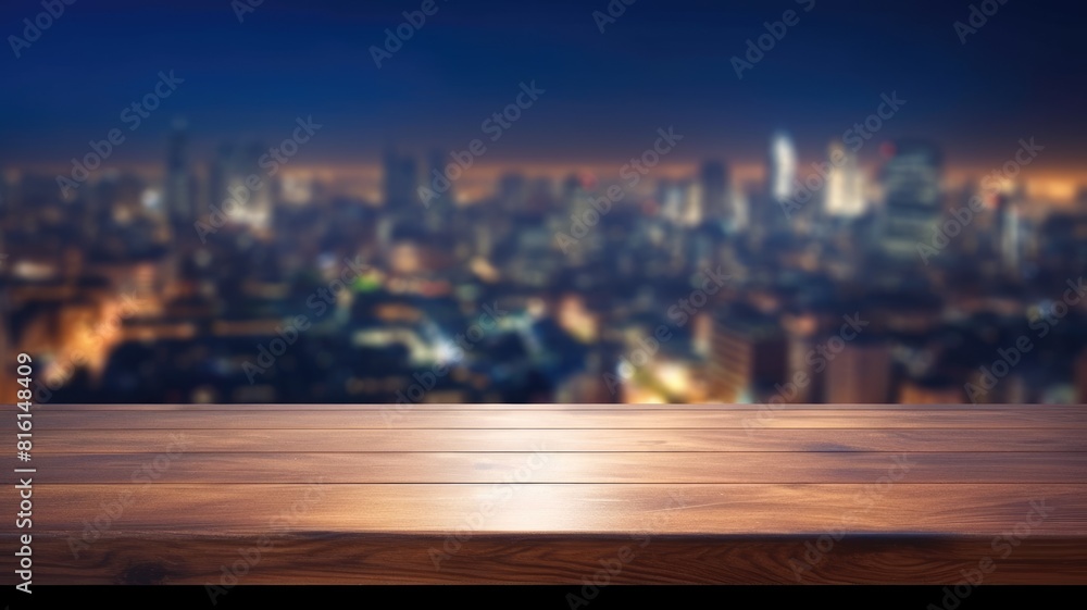 Poster wooden tabletop with blurred cityscape background. an image of table in front of urban city in night
