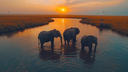 Nature documentary, elephants at a watering hole, African savanna, herd with playing calves, soft diffused daylight, birds in the sky created by ai