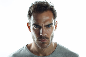 Fototapeta premium A serious man with a stern expression, detached from the backdrop, isolated from the background, with no background. Concept of seriousness and focus. Generative Ai.