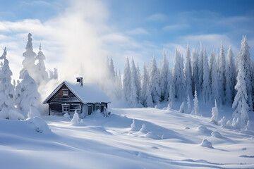 A cozy winter cabin surrounded by a snowy landscape, smoke rising from the chimney. Snow-covered trees and a clear blue sky   Generative Ai,