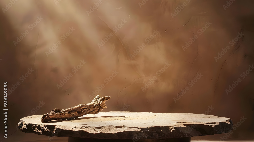 Poster Empty stone podium with lights and shadows on brown background Minimal backdrop Round natural rock and piece of driftwood Abstract pedestal or showcase for presentation Minimal wabi sa : Generative AI