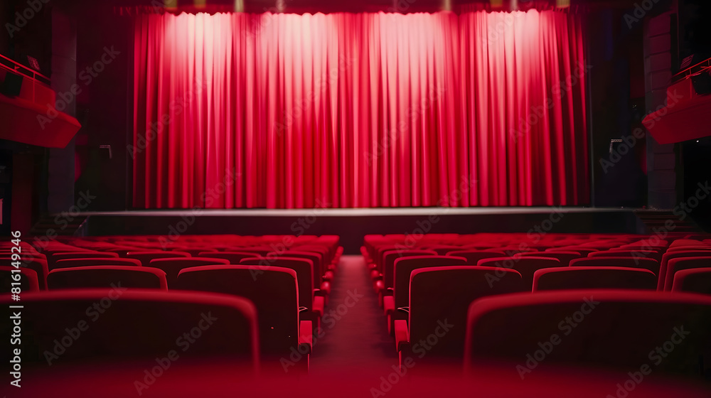Poster Darkened empty movie theatre and stage with the red curtains drawn viewed over rows of vacant seats from the rear : Generative AI