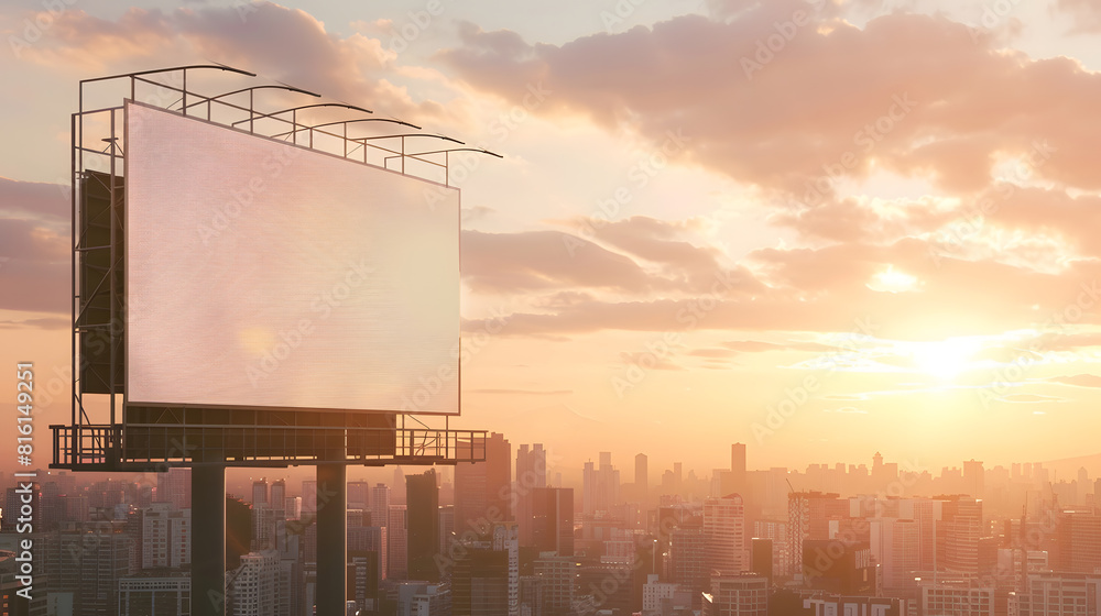 Aufkleber Mock up white background billboard on building clipping path for Mockup A large empty billboard on a city background in the middle of the sunset : Generative AI