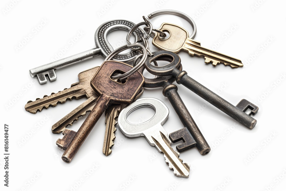 Poster a set of keys with various keychains isolated against a clean white background, cut out from the bac