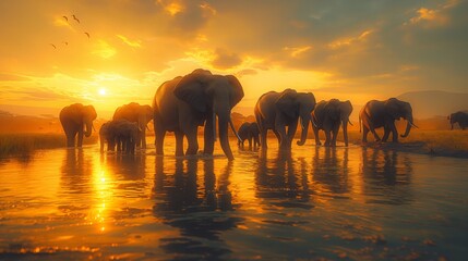 Fototapeta premium Nature documentary, elephants at a watering hole, African savanna, herd with playing calves, soft diffused daylight, birds in the sky created by ai