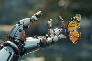 A robotic hand is holding a butterfly with the letters nz on it