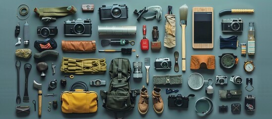An organized display of travel essentials neatly arranged on a teal background, perfect for adventurers and photographers