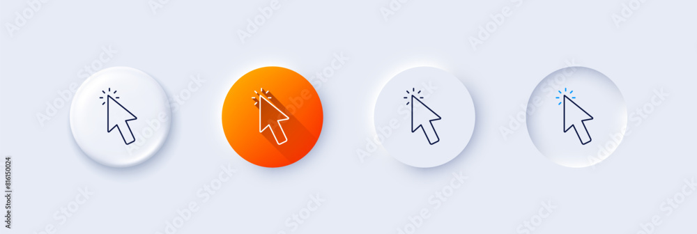 Poster mouse cursor line icon. neumorphic, orange gradient, 3d pin buttons. click action sign. arrow pointe