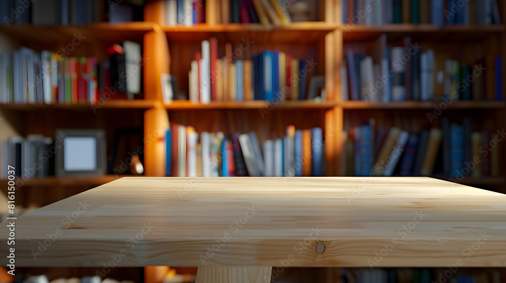 Aufkleber Empty wooden desk space platform with library background for product display montage Education concept : Generative AI