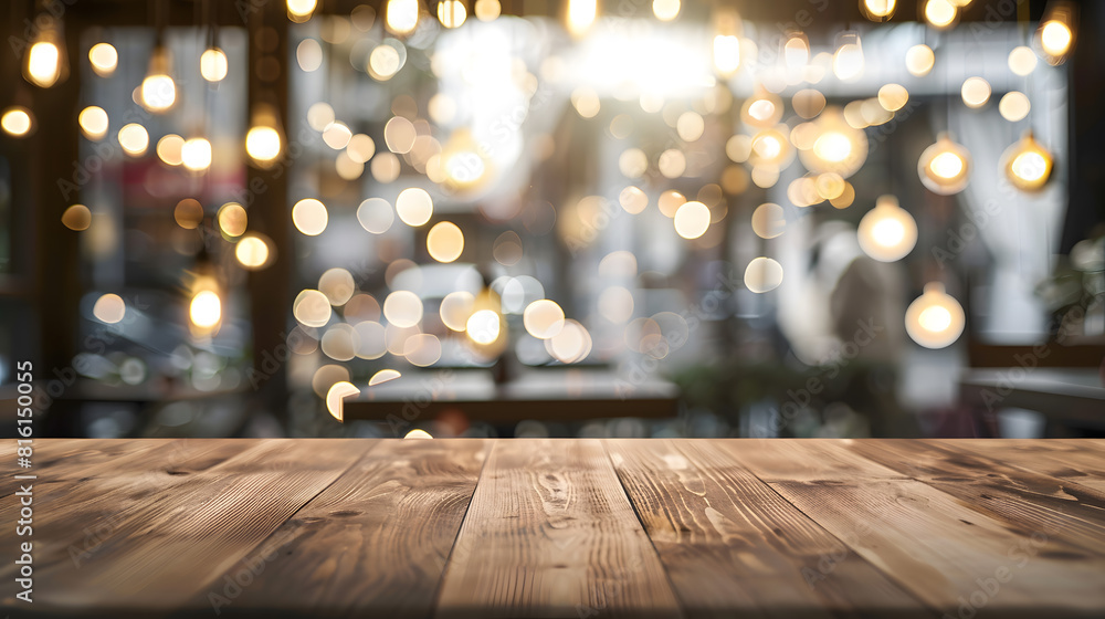 Fototapete empty wooden background for your display space blurred bokeh background of cafe window reflections o