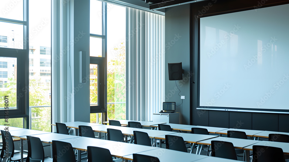 Leinwandbilder projector screen canvas in modern conference room with big windows side viewempty classroom or prese