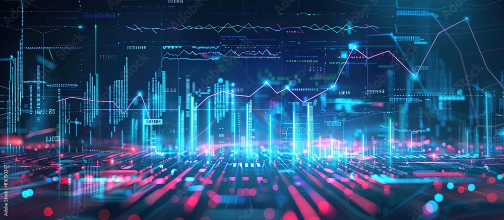 Aufkleber Digital background with showcases bar graphs and a line graph against a dark blue background.