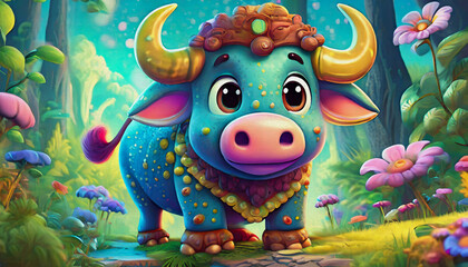 oil painting style cartoon character Buffalo, animal, cartoon, illustration, cow,