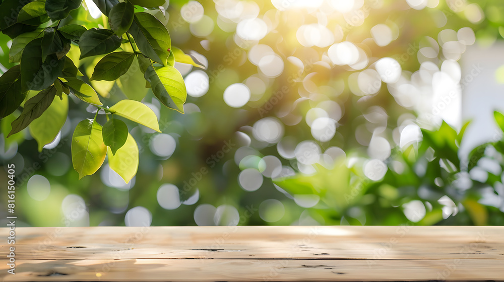 Poster empty wood table top and blurred white wall in garden background with green leaves can used for disp