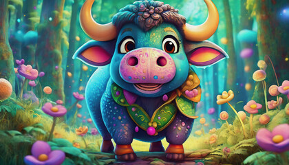 Fototapeta premium oil painting style cartoon character Buffalo, animal, cartoon, illustration, cow,