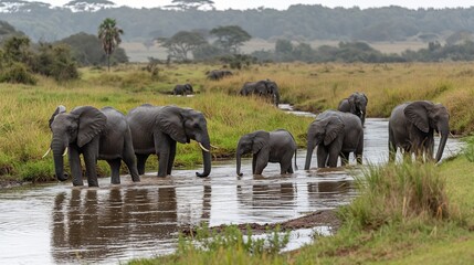 Obraz premium Nature documentary, elephants at a watering hole, African savanna, herd with playing calves, soft diffused daylight, birds in the sky created by ai