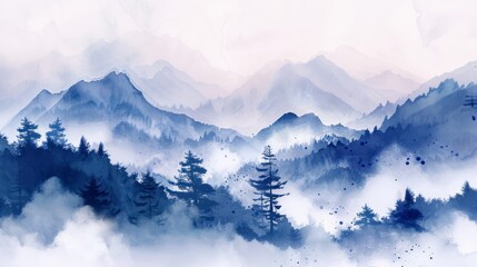 A beautiful fantasy landscape on a white background. Mountains, trees, fog. Watercolor painting. Abstract intricate splashes of paint on a white background. Generative AI. hyper realistic 
