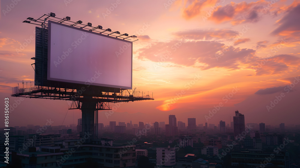 Aufkleber Mock up white background billboard on building clipping path for Mockup A large empty billboard on a city background in the middle of the sunset : Generative AI