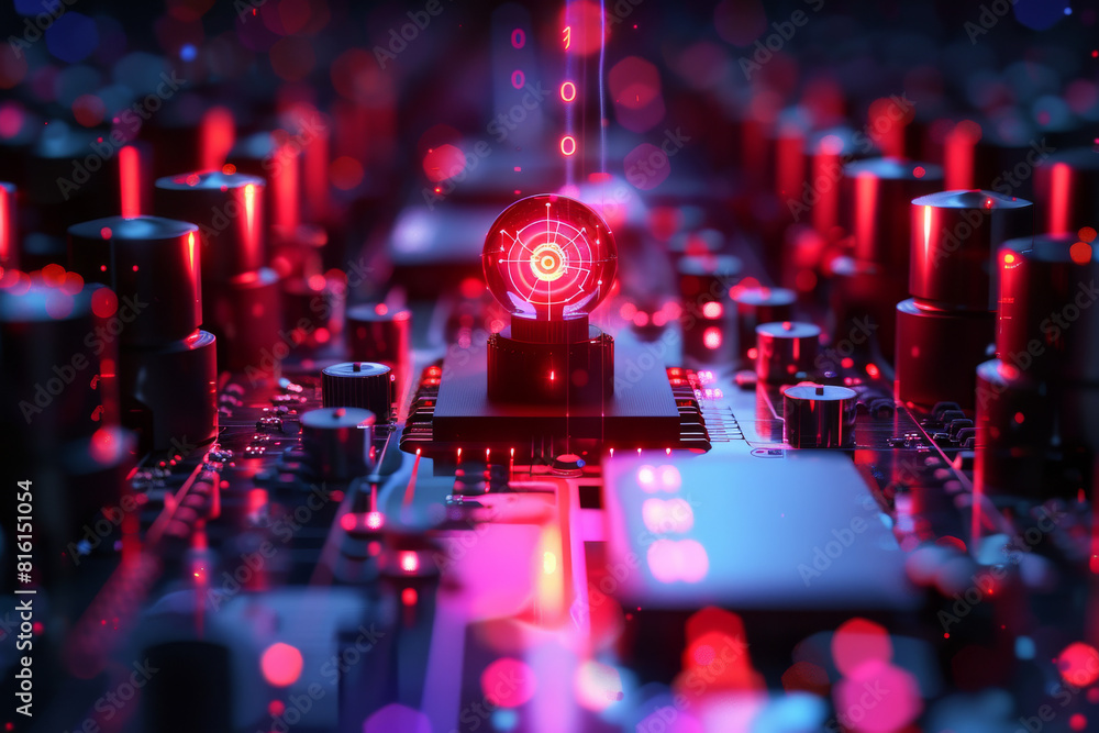 Poster a computer chip with a red target on it
