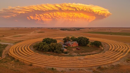 Fototapeta premium Aerial view of a circular farm field with a farmhouse and trees at the center. The golden crops form concentric circles around the green trees. In the background, a dramatic orange cloud formation