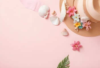 Summer hat on pink background with tropical leaves