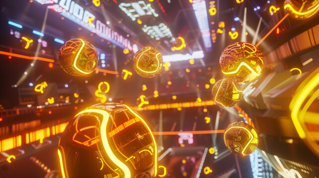 Virtual sports with betting objects flying around in an ultra realistic environment with yellow neon lights and a cinematic effect - Powered by Adobe