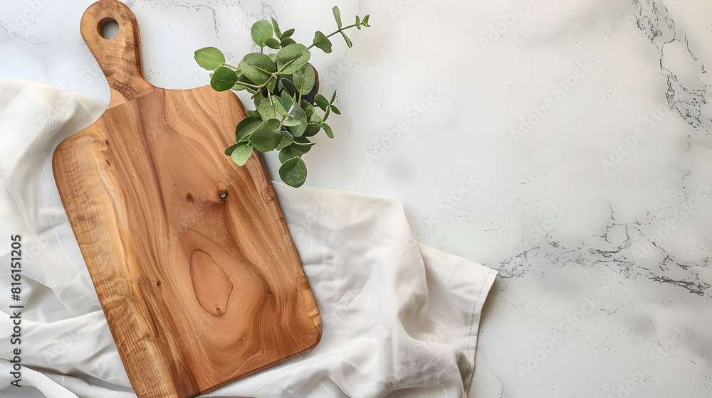 Poster wood cutting board with linen napkin and plant on marble table with copy space top view : generative