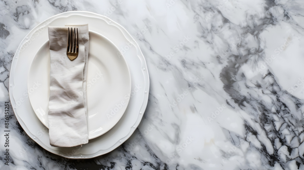 Poster empty white plate and napkin on light grey marble table flat lay : generative ai