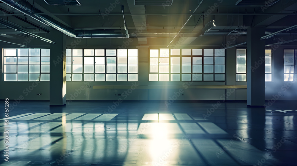 Poster gym interior and empty space or dark room with window and light flare for exercise training and fitn