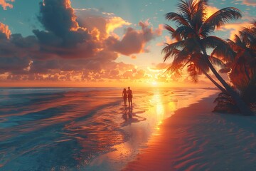 A couple enjoys a romantic sunset stroll on a white sand beach. Palm trees cast long shadows as the sky ignites with fiery hues.