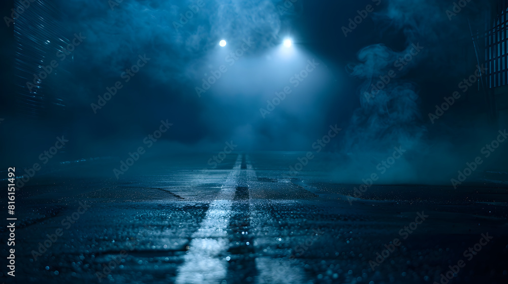 Poster a dark empty street dark blue background an empty dark scene neon light spotlights the asphalt floor