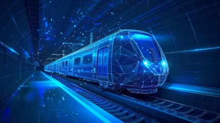 Abstract polygonal 3d wireframe of modern train at railway station or metro. Digital vector mesh looks like starry sky. Rapid transit system, transportation, railway logistics concept in dark blue