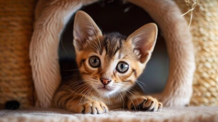 Adorable kitten with big eyes peacefully peeking out from the safety of its cat condo hideout