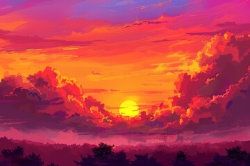 Fototapeta premium Vibrant abstract sunset with a palette of warm colors over a silhouette landscape