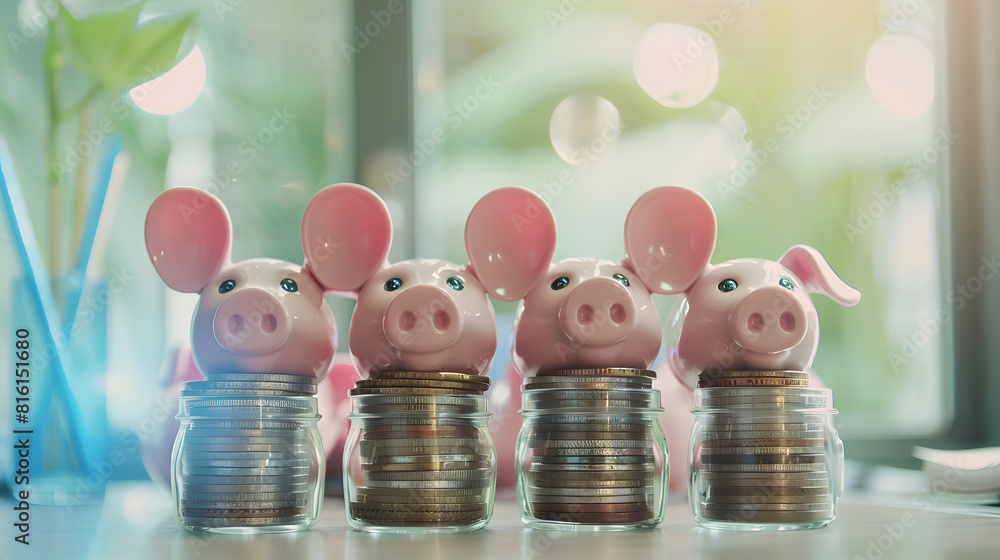 Poster background of coins stacks in pig jar with empty label banner profession business saving plan for fa