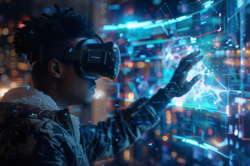 A man wearing a virtual reality headset made by canon