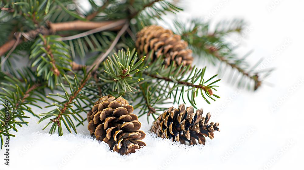 Poster branches green spruce with cones on snow on white background : generative ai